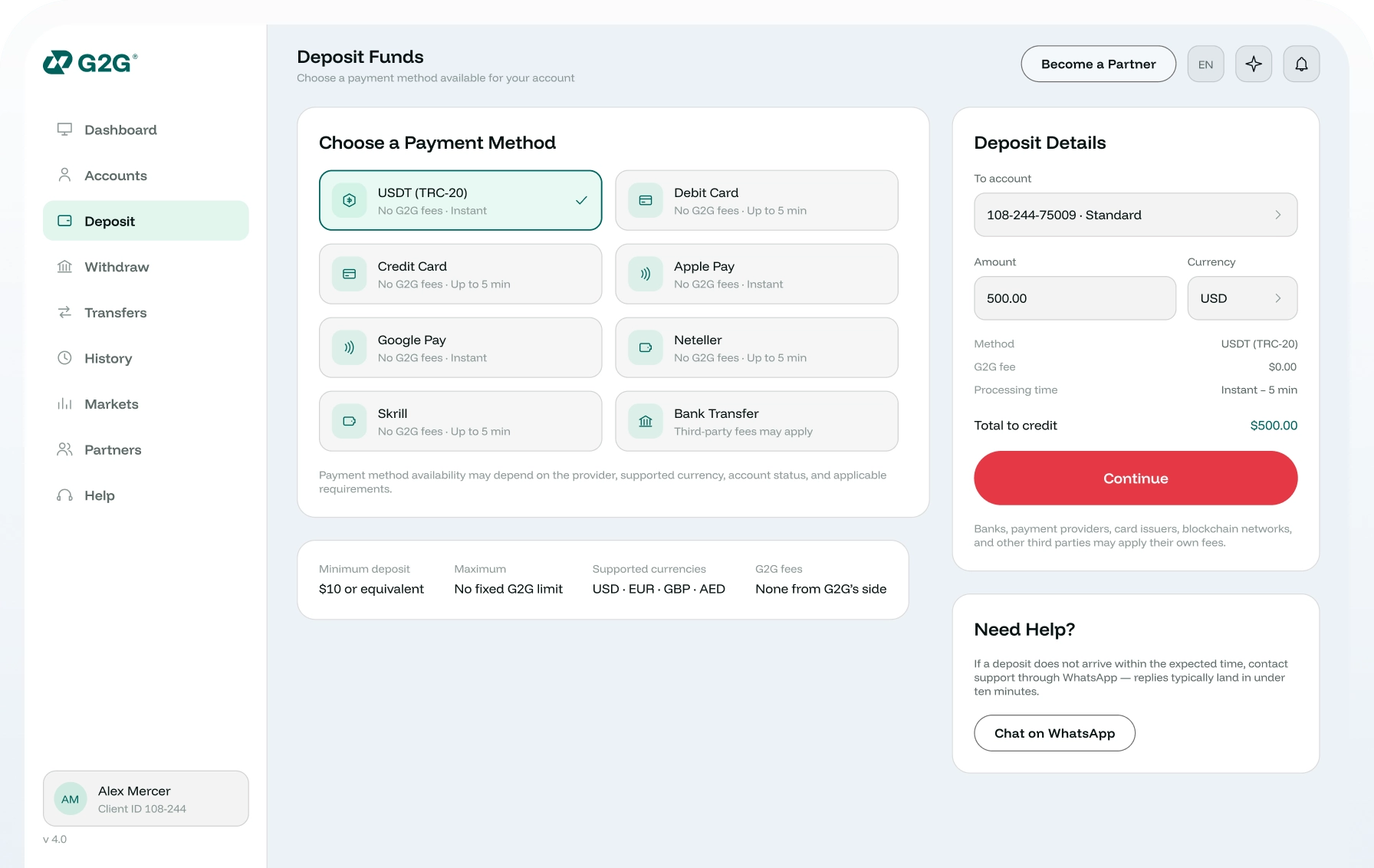 G2G portal: deposit screen