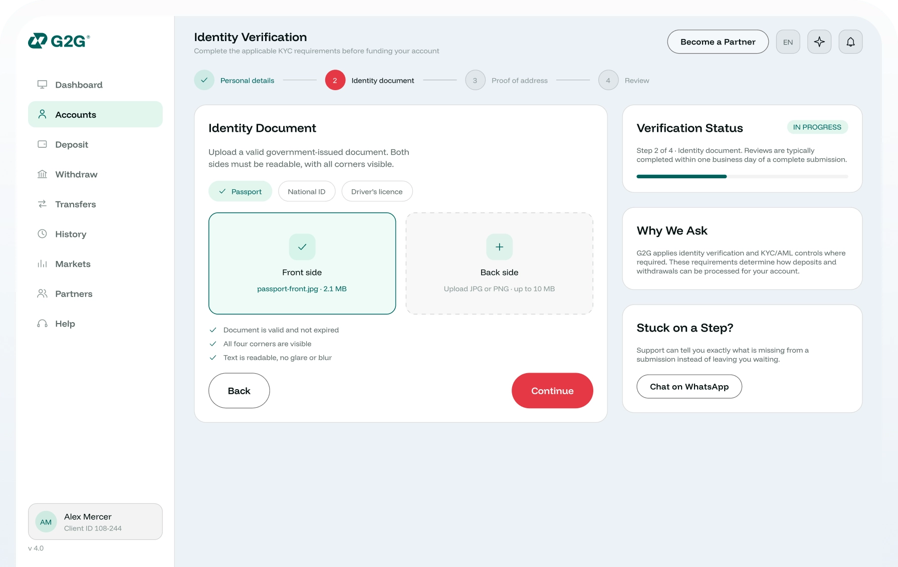 G2G portal: identity verification (KYC) screen