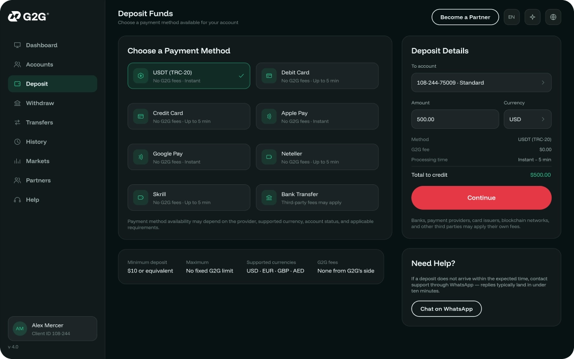 Deposit Funds screen in the G2G client portal