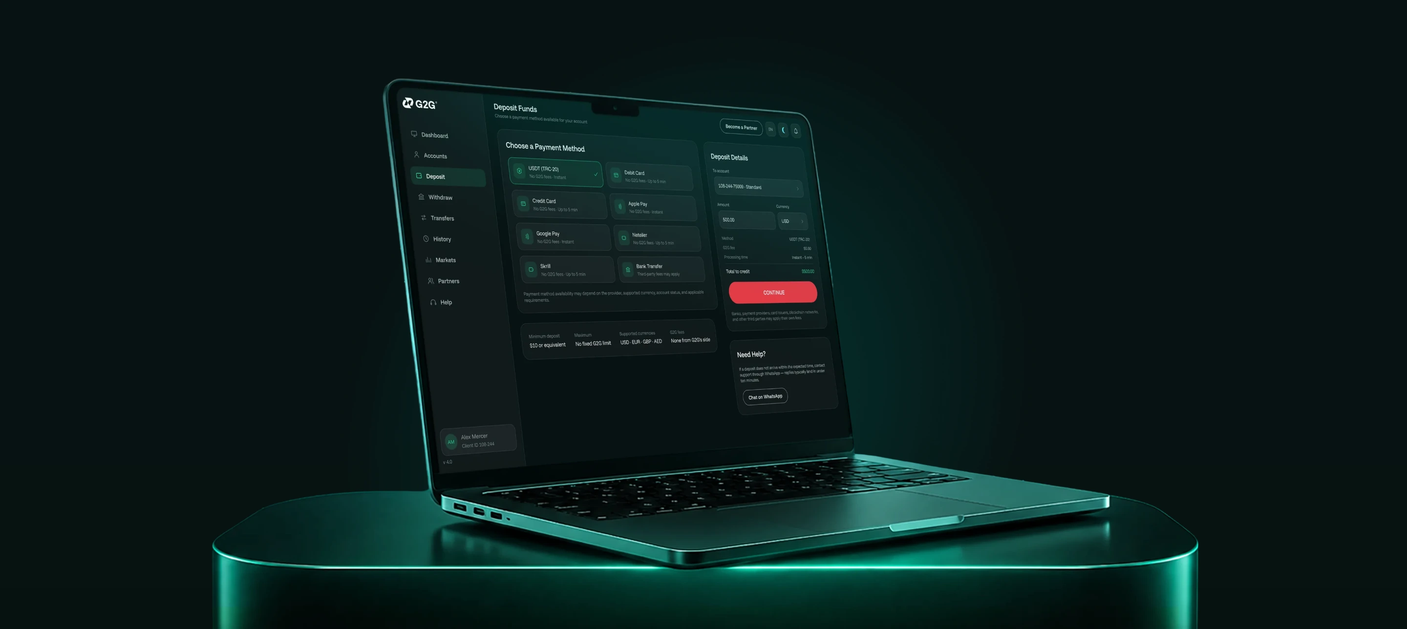 G2G portal: deposit screen on a laptop