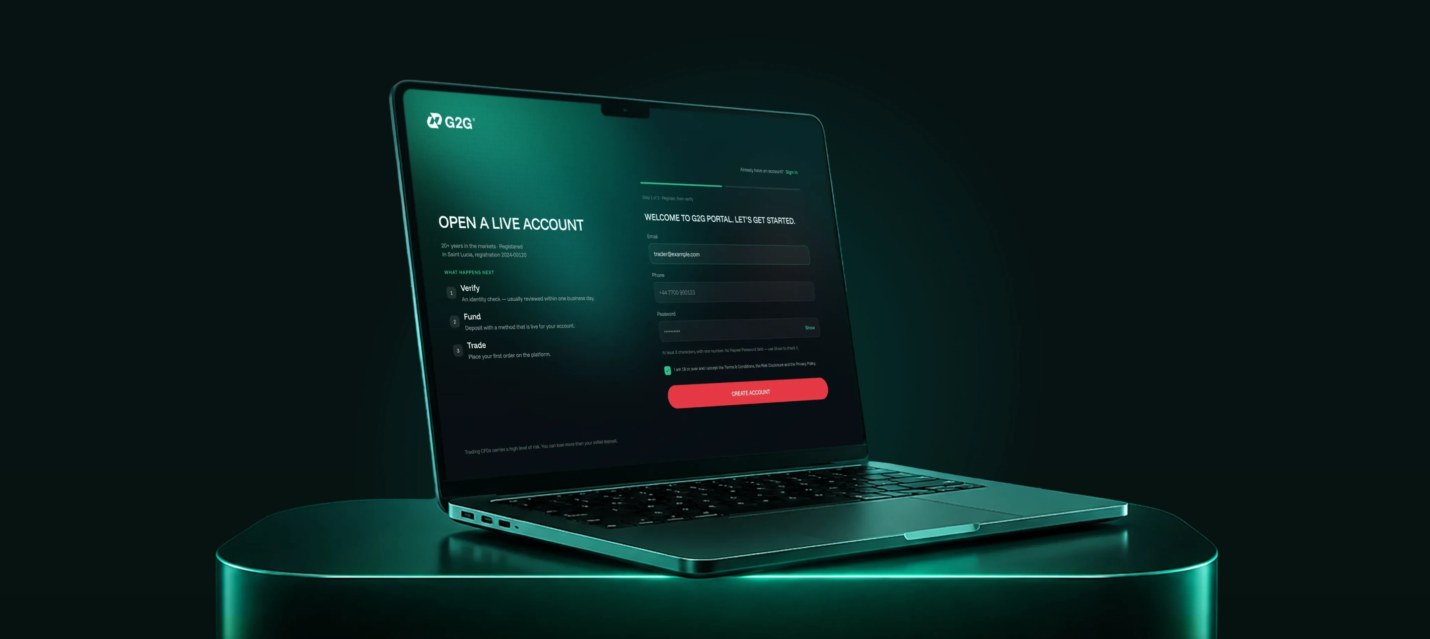 G2G portal: registration screen on a laptop