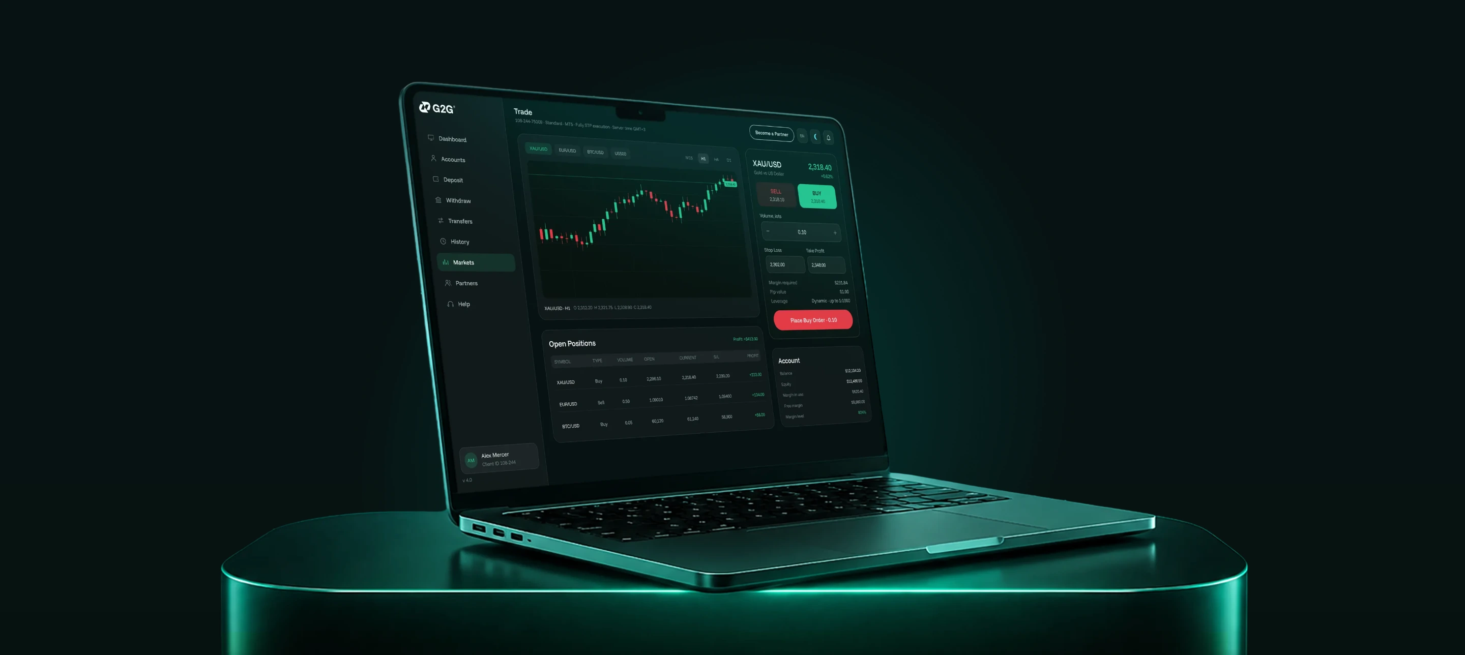 G2G portal: trading screen on a laptop