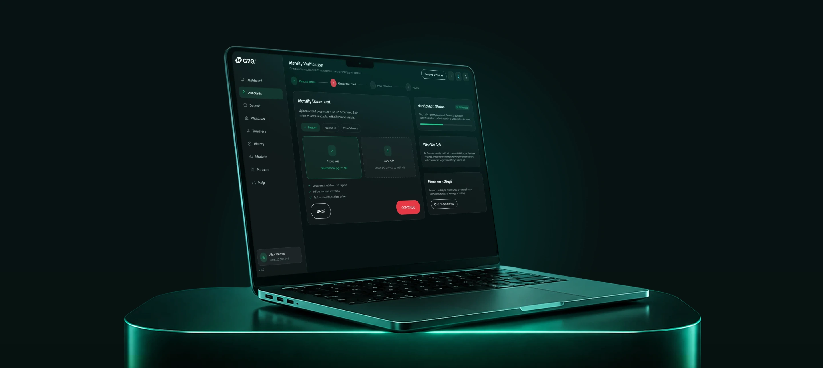 G2G portal: identity verification screen on a laptop