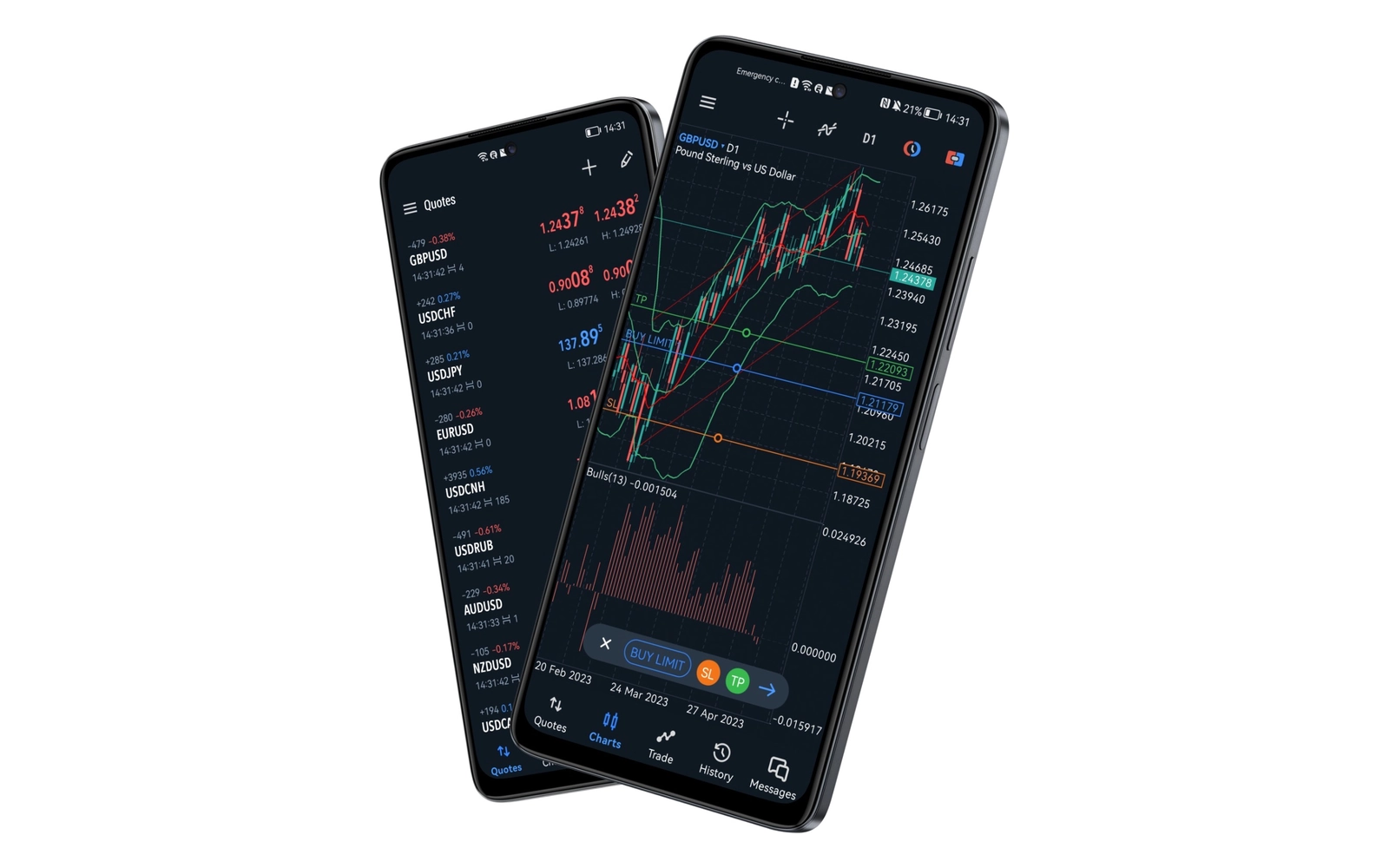 MetaTrader 5 on two phones with quotes and a chart in dark mode